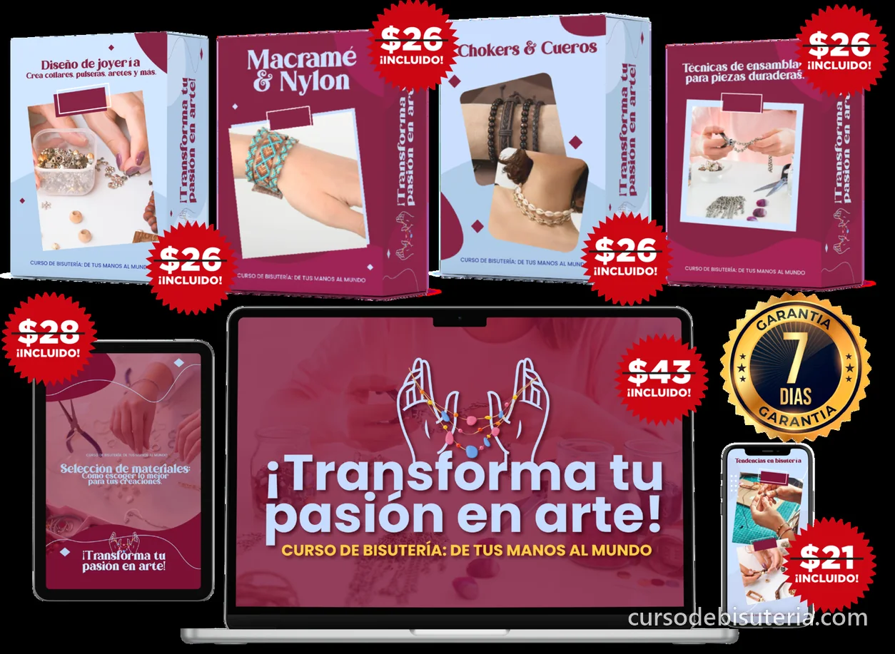 Curso de bisutería completo con sus módulos: diseño de joyería, macramé y nylon, chokers y cueros, ensamblaje