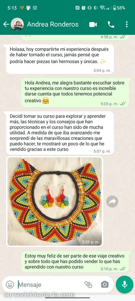 Mensaje de una alumna contando su experiencia con el curso