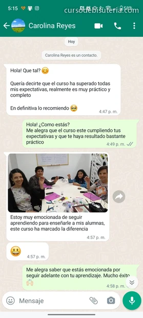 Mensaje de una alumna recomendando el curso